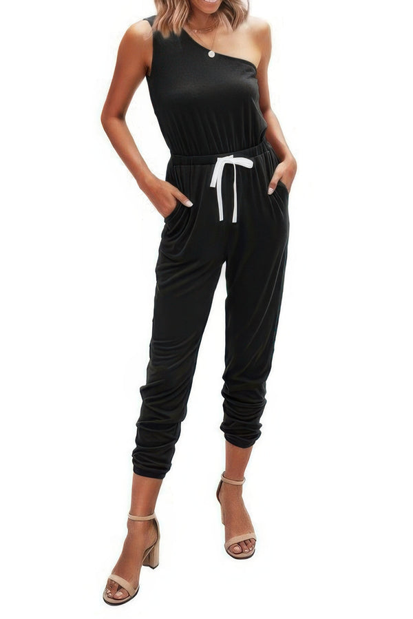 One Shoulder Sleeveless Elastic Waist Jumpsuit