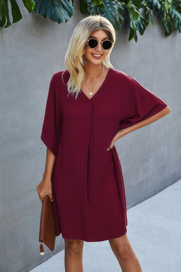 Solid Batwing Short Sleeve Sleeve Tunic Dress
