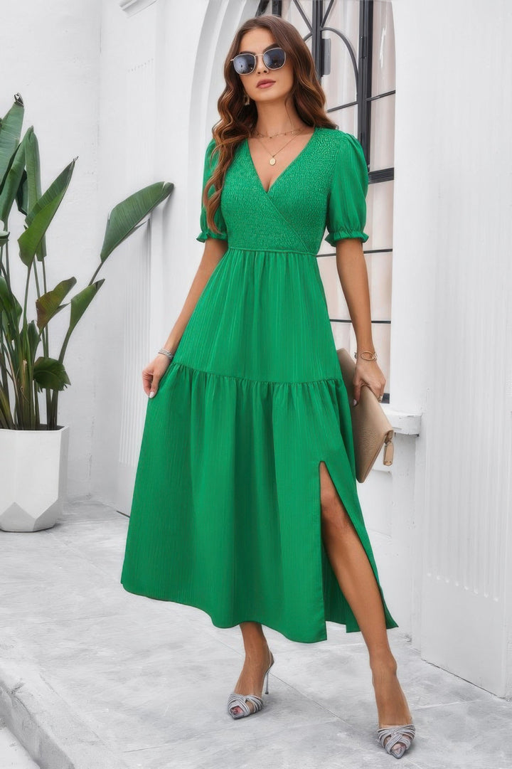 Solid V Neck Ruched High Waist Puff Sleeve Dress