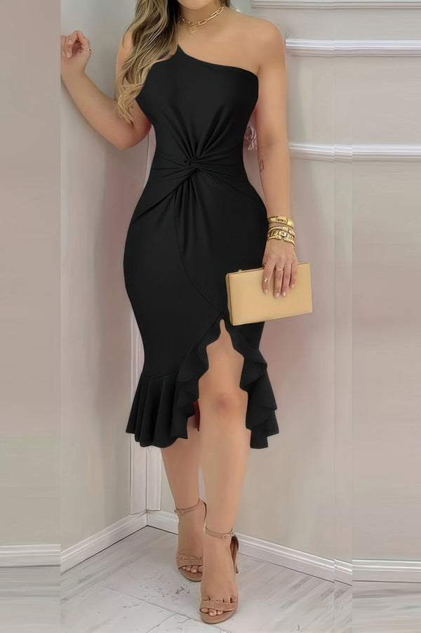 Solid One Shoulder Cross Waist Ruffle Hem Dress