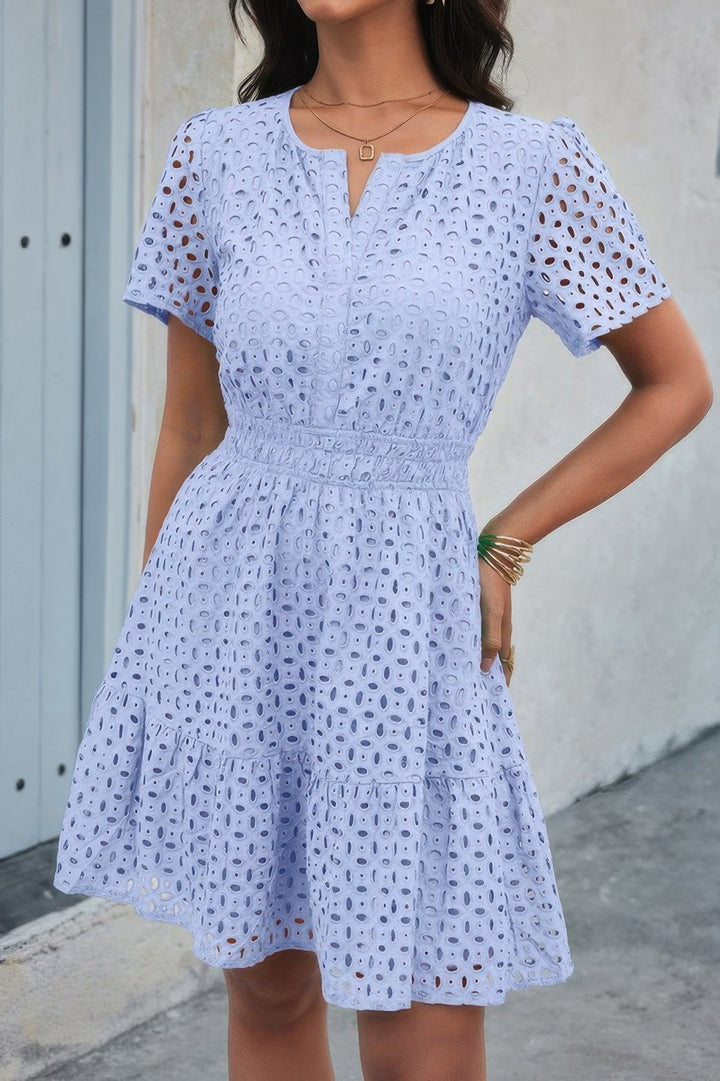 V Neck Lace Solid Lace Ruffle Hollow A Line Dress