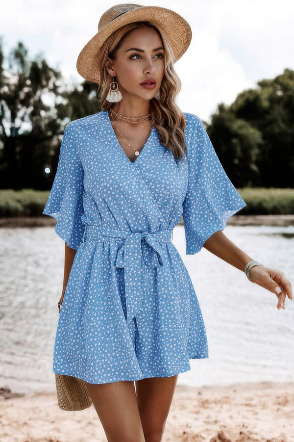 V Neck Ruffled Belted Flared Hemmed Romper