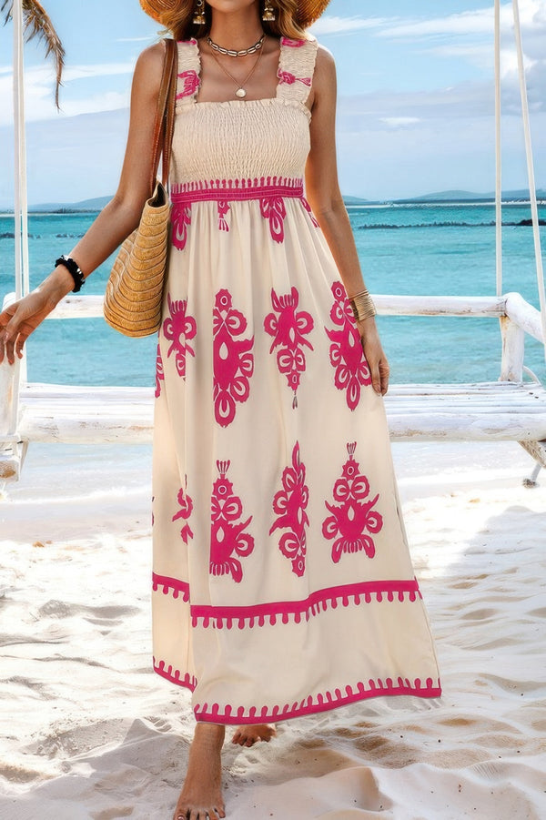 Sleeveless Square Neck A Line Smocked Shirred Dress