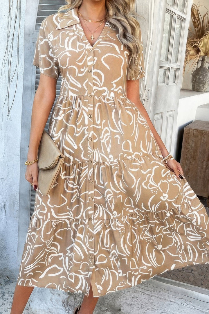 Allover Printed Button Down Ruched Long Dress