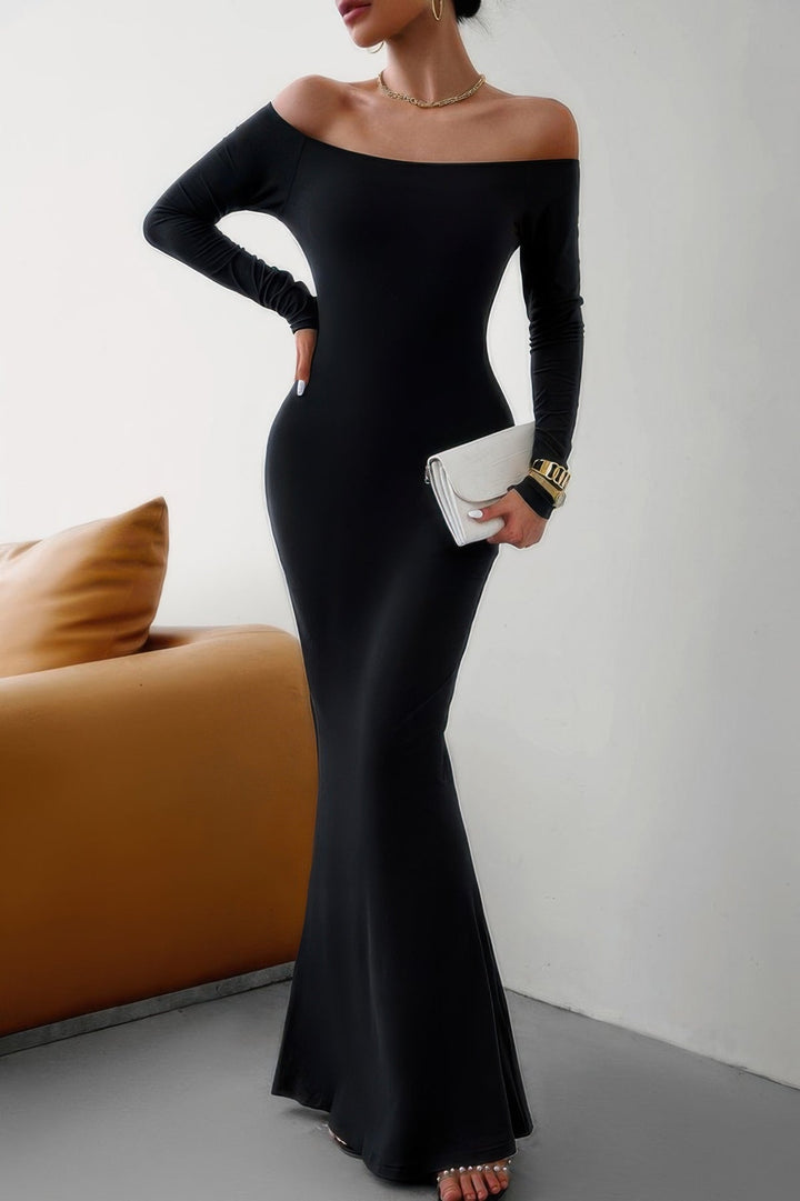 Solid Elastic Off Shoulder Bodycon Long Sleeve Dress