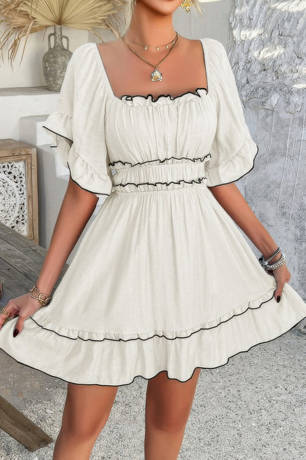Off Shoulder Square Neck Ruffle Trim Short Dress
