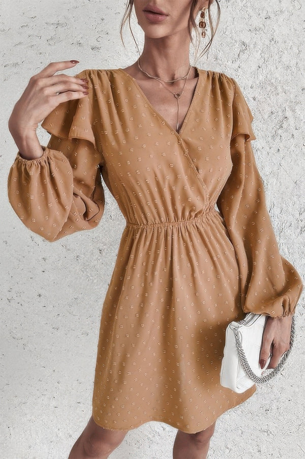 Swiss Dot Surplice Neck Ruffle Shoulder Midi Dress