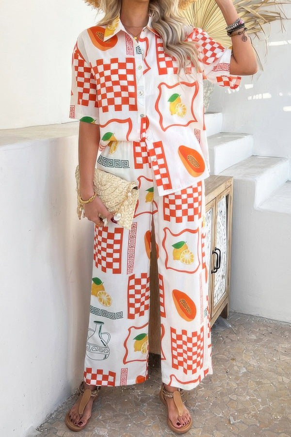 Two Pieces All Over Print Button Down Long Sets