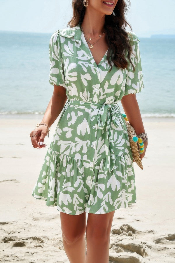 Random Print Button Down Belt Ruffle Midi Dress