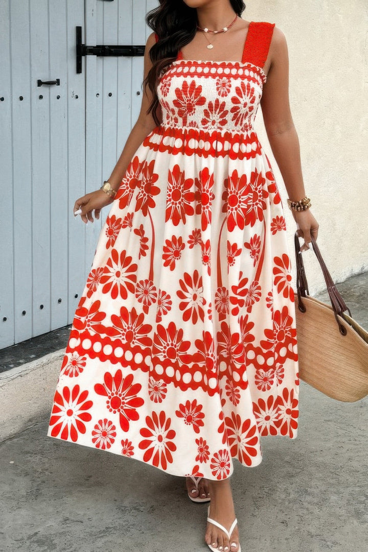 Plus Floral Printed Square Neck Wide Strap Dress