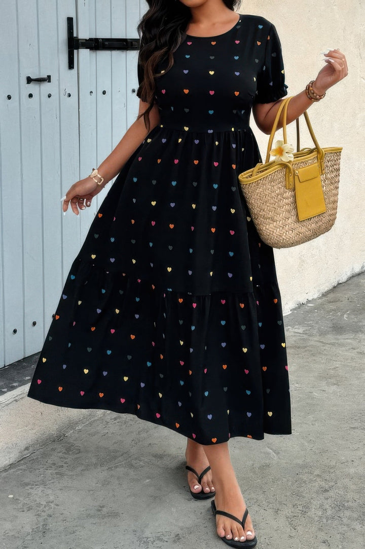 Plus Heart Print Round Neck Ruffle Hem Dress