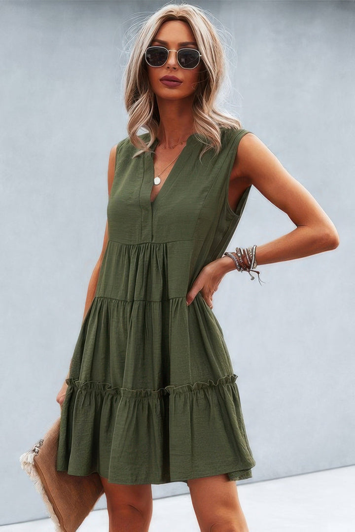 Solid V Neck Flat Collar Tiered Shift Dress