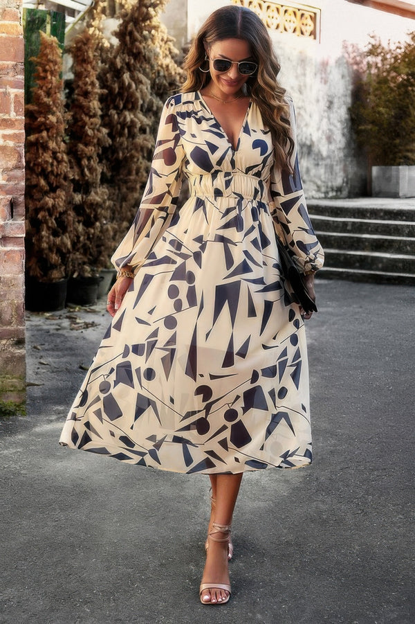 Boho V Neck A Line High Waist Long Sleeve Dress