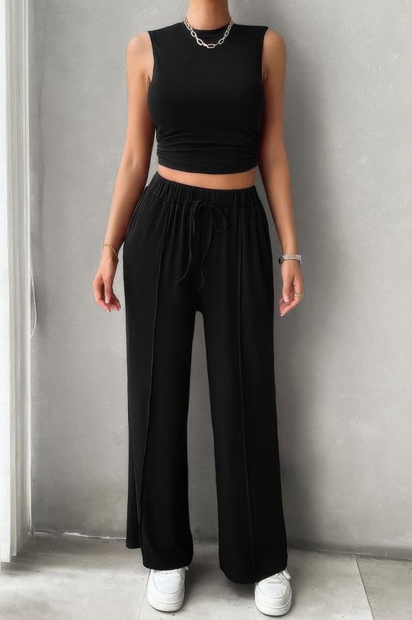 Solid Round Neck Sleeveless Drawstring Pockets Set