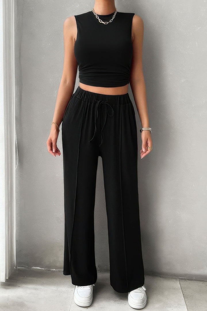 Solid Round Neck Sleeveless Drawstring Pockets Set