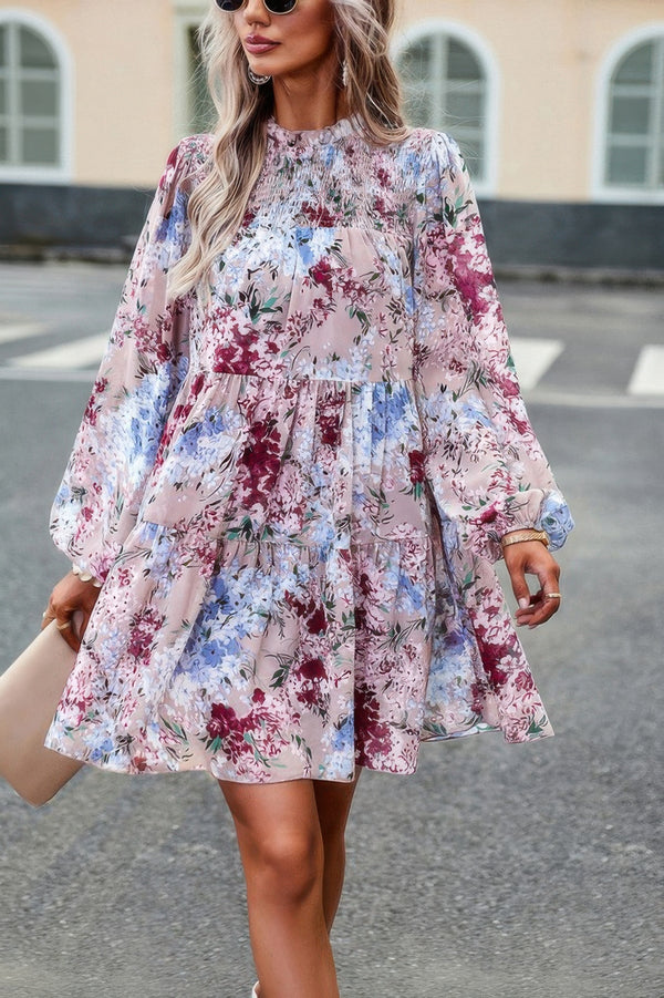 Floral Print Tiered Sleeve Ruffle Hem Smock Dress