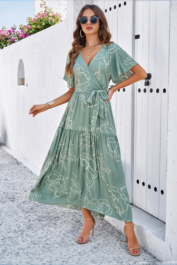 Allover Print V Neck Fit Belt A Line Long Dress