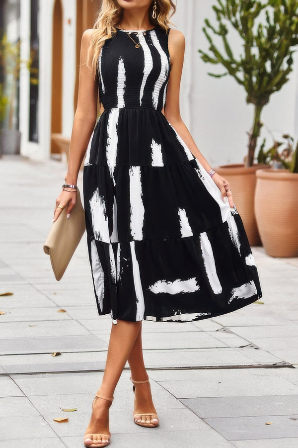 Cut Out Ruched Fit Sleeveless Ruffle Dress