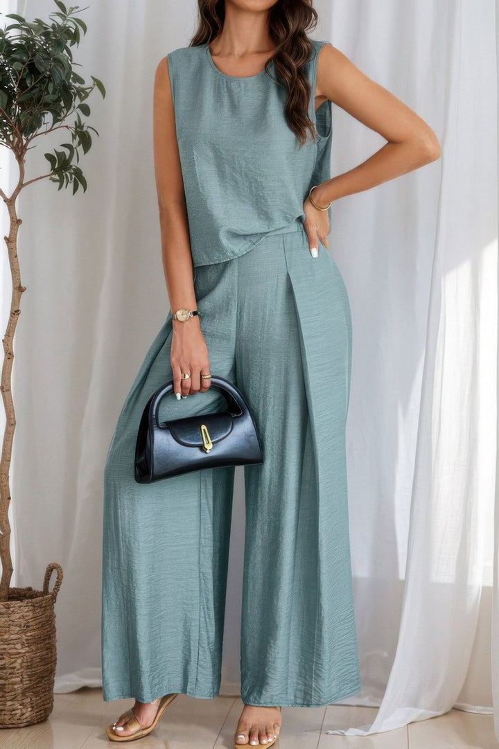 Two Pieces Solid Tank Wide Leg Pants Set