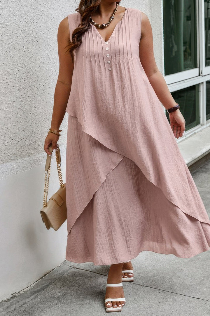 Solid Plus Notched Neck Wrap Sleeveless Loose Dress