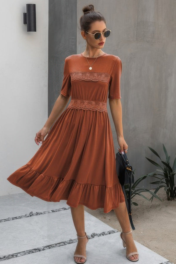 Round Neck Lace Detail Ruffle Hem Midi Dress