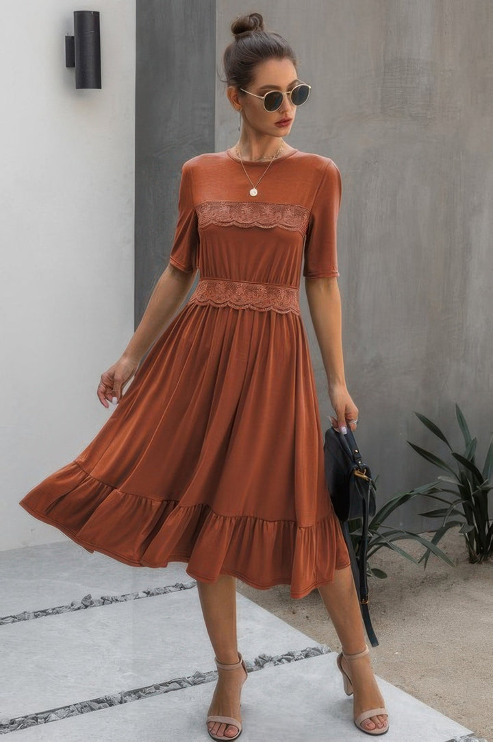 Round Neck Lace Detail Ruffle Hem Midi Dress