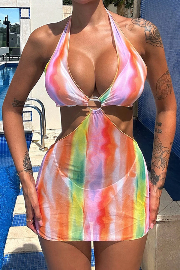 Orange Tie-Dye Cover-Up Dress White Bikini 3Pc Swimsuit Set