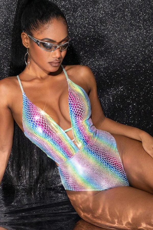 Rainbow Metallic Snake Strappy Sexy Monokini 1Pc Swimsuit