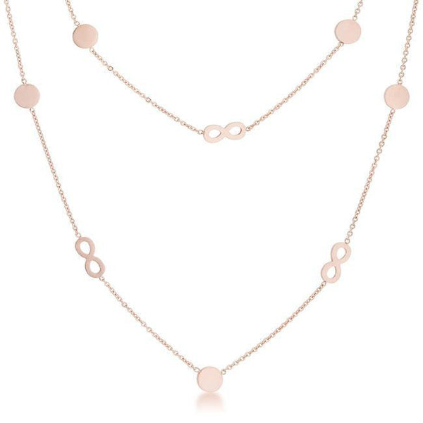 A mix of rose gold infinity and disc designs accent a simple double-chained layer necklace. A must-have piece perfect for every day and comfortable
