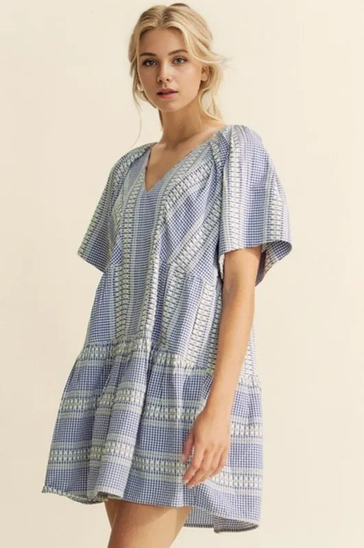 Davi & Dani Embroidered Stripe Ruffled Gingham Mini Dress