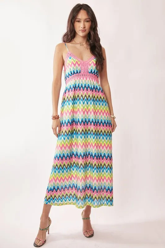 Davi & Dani Multi Color Crochet Lace Midi Dress