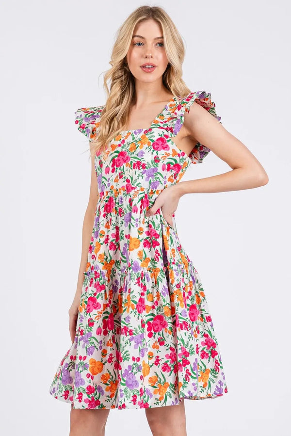 Mittoshop Flower Print Ruffle Shoulder A-line Mini Dress