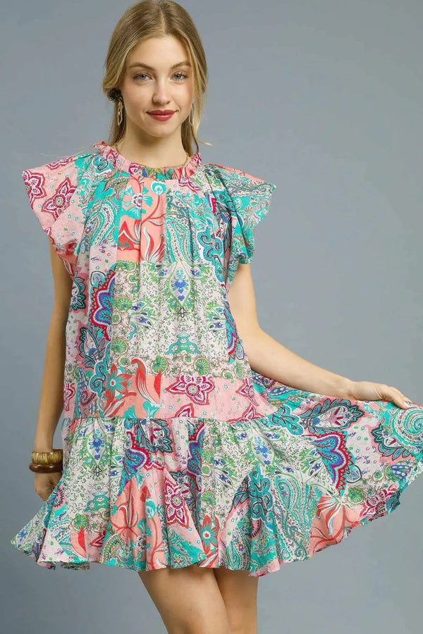 Umgee Printed Ruffle Cap Sleeve Mini Dress