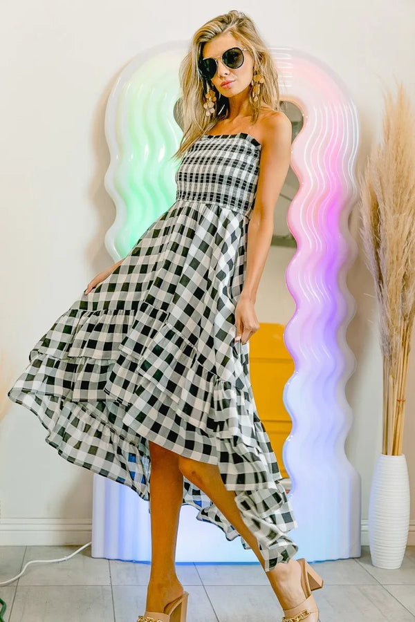 BiBi Smocked Body Off Shoulder Check Dress