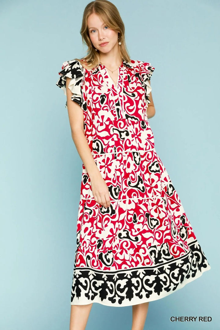 Umgee Printed Ruffled Cap Sleeve Midi Dress