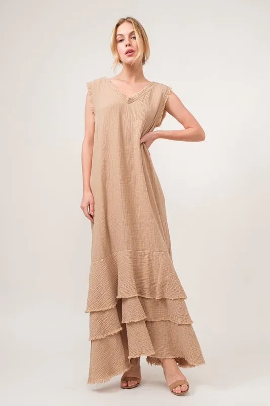 And The Why Washed Cotton Gauze Fringe Detail Tiered Dress