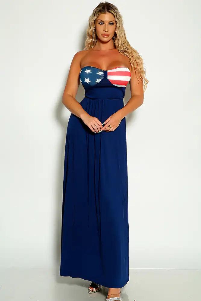American Flag  Print Detail Strapless Navy Maxi Dress