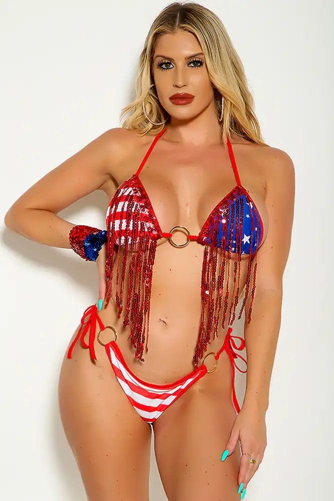 American Flag Print Red Fringe Sequin O-Ring Two Piece Swimsuit