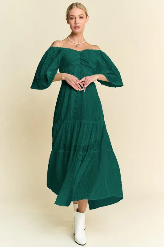 Davi & Dani Swiss Dotted Ruched Ruffle Open Back Midi Dress