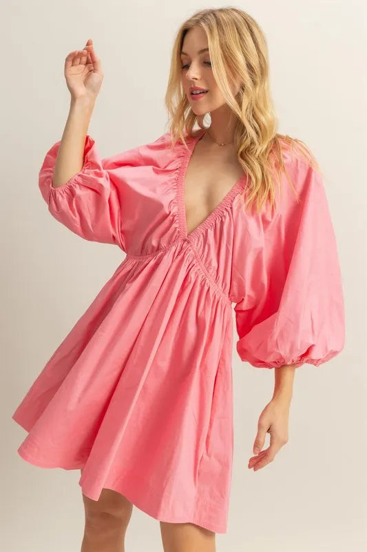 HYFVE Plunge Balloon Sleeve Poplin Mini Dress with Pockets