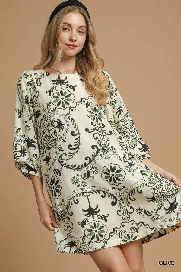 Umgee Boho Printed Balloon Sleeve Mini Dress