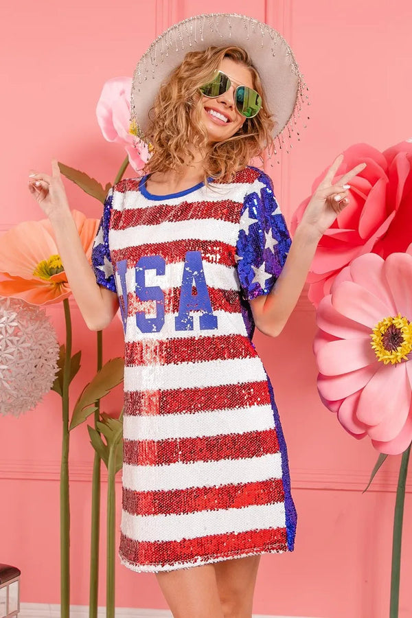 BiBi American Flag Theme Usa Print Sequin Dress