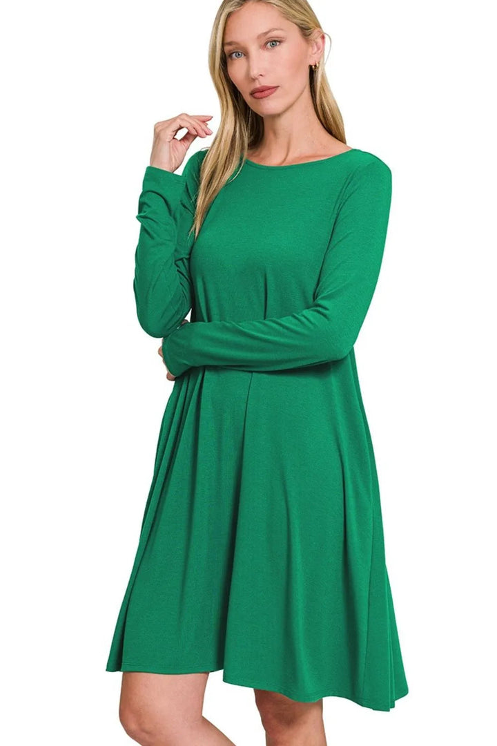 Zenana Long Sleeve Flare Dress With Pockets