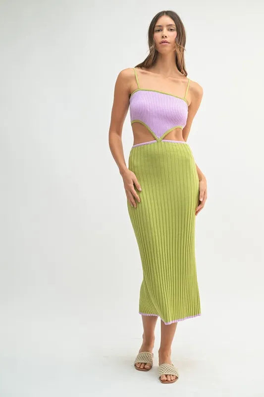 MABLE Ribbed Knit Color Block Cutout Midi Dress
