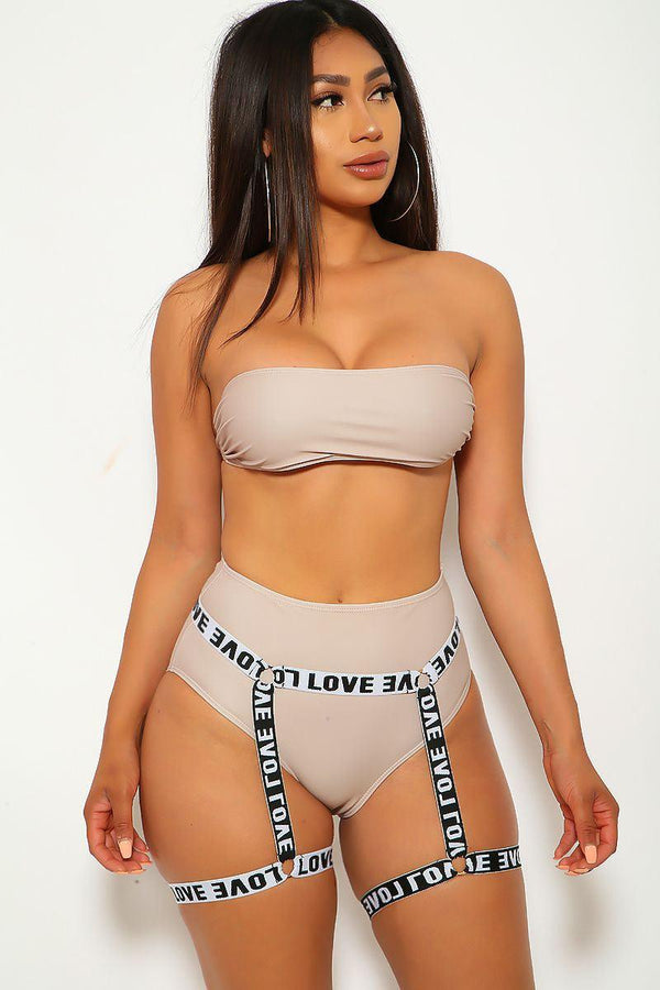 Beige Bandeau Strappy Three Piece Swimsuit