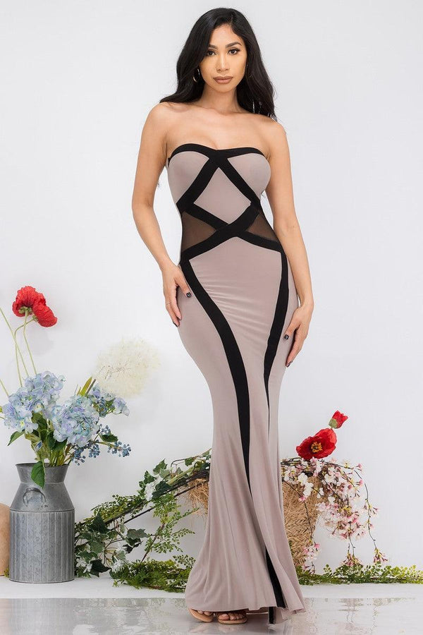 Beige Black Strapless Maxi Dress