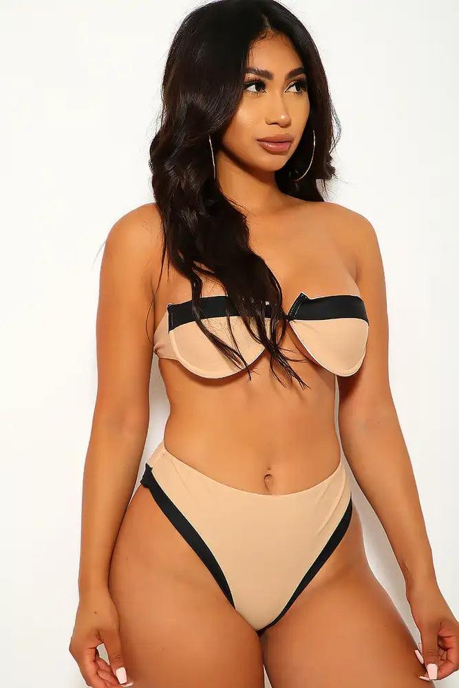 Beige Black Wire Two Piece Swimsuit