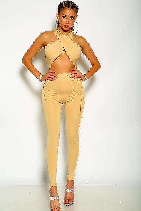 Beige Colored Cross Halter Wrap Around Two Piece Outfit