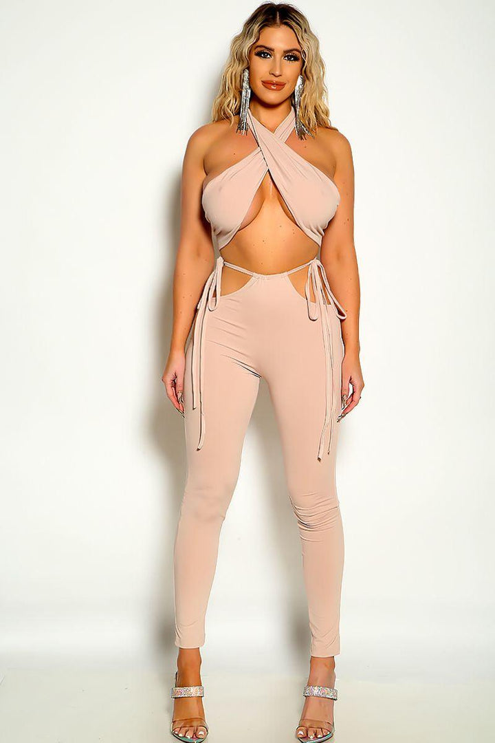Beige Cross Side Tie High waist Two Piece Outfit