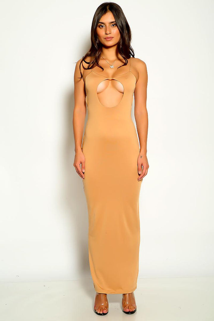 Beige Cut Out Sleeveless Back Strappy Maxi Sexy Party Dress